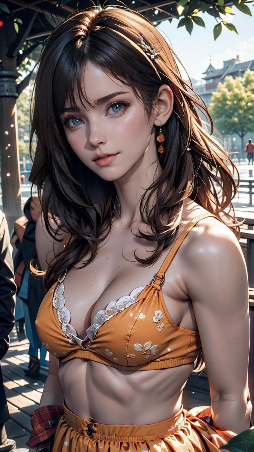woman, at the park, sunny day, Orange sundress, born, Ultra-high resolution, 8k, (close:1.1), head, Highly detailed face, Amazing eyes、24歳のwoman、魅力的な若いwoman, (Beautiful Face:1.1), Detailed eyes, Seductive lips, (eye make up:1.2), (Medium chest:1.0), (Toned body:1.2), Sexy proportions、Narrow waist
