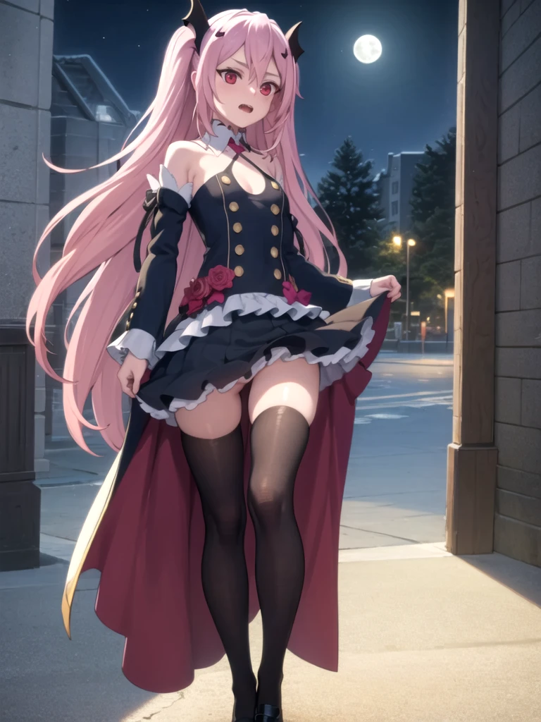 (masterpiece:1.4), beautiful detailed eyes:1.6, uper detailed skin:1.4,  (illustration:0.7), best quality, high resolution, unity 8k wallpaper, extremely detailed face, extremely detailed CG, (krul tepes, red eyes, long hair, pink hair, two side up, hair ornament, small breast, short stature, solo), beautiful clothes, open breast clothes, torn clothes, show off nipple, tanding, very short skirt, lift skirt, no panties, show off pussy, black shoes, white thighhighs, embarrassed, open mouth, night, in the beach, Night view, beautiful moon, looking at viewer,　