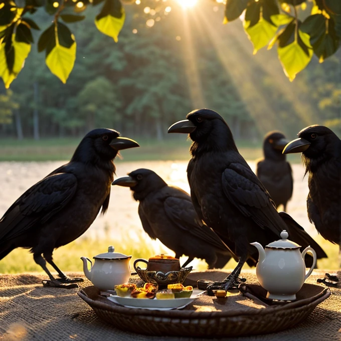 ((Illustrated)), ((humanlike crows)), (detailed), (a boisterous group of crow, having a tea party adorned with trinkets and jewelry), (glowing sunlight), (backlighting), (cottagecore), (magilcal vibes), bird like, black feathers, wings, adorned with jewlery, piles of trinkets