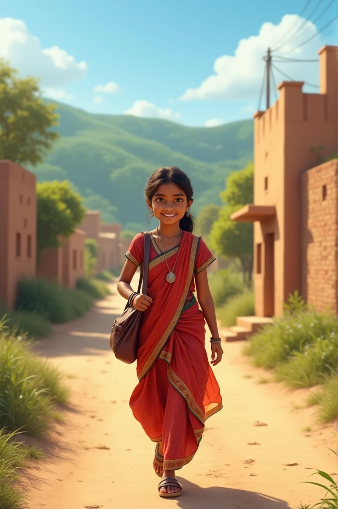 A  village girl, wearing salwar suit, returning from school in rajasthan