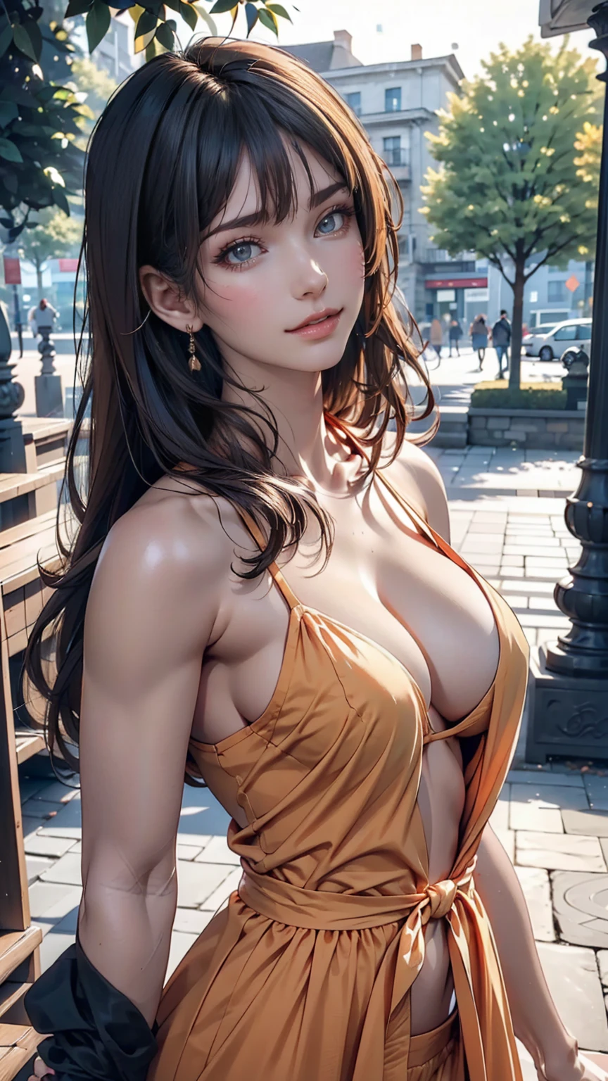 woman, at the park, sunny day, Orange sundress, born, Ultra-high resolution, 8k, (close:1.1), head, Highly detailed face, Amazing eyes、24歳のwoman、魅力的な若いwoman, (Beautiful Face:1.1), Detailed eyes, Seductive lips, (eye make up:1.2), (Medium chest:1.0), (Toned body:1.2), Sexy proportions、Narrow waist