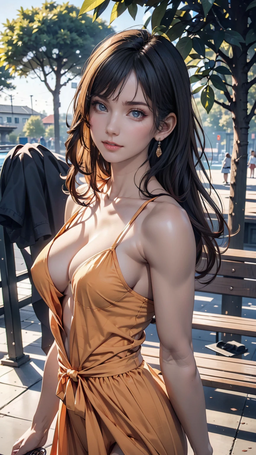 woman, at the park, sunny day, Orange sundress, born, Ultra-high resolution, 8k, (close:1.1), head, Highly detailed face, Amazing eyes、24歳のwoman、魅力的な若いwoman, (Beautiful Face:1.1), Detailed eyes, Seductive lips, (eye make up:1.2), (Medium chest:1.0), (Toned body:1.2), Sexy proportions、Narrow waist