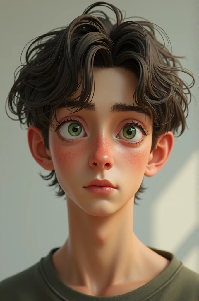 teenage boy, face, realistic, Light green eyes, thin nose, straight dark brown and tanned white hair
