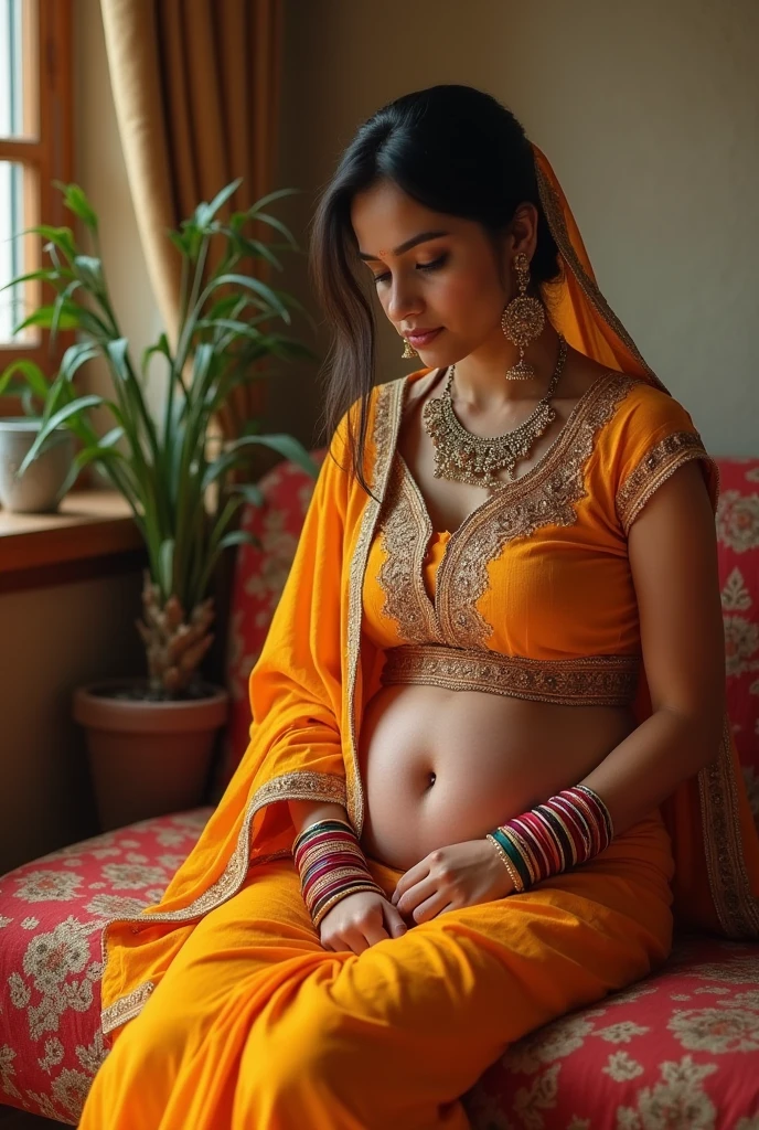 A Bengali girl is sitting on the wedding bench and puts her hand inside her vagina