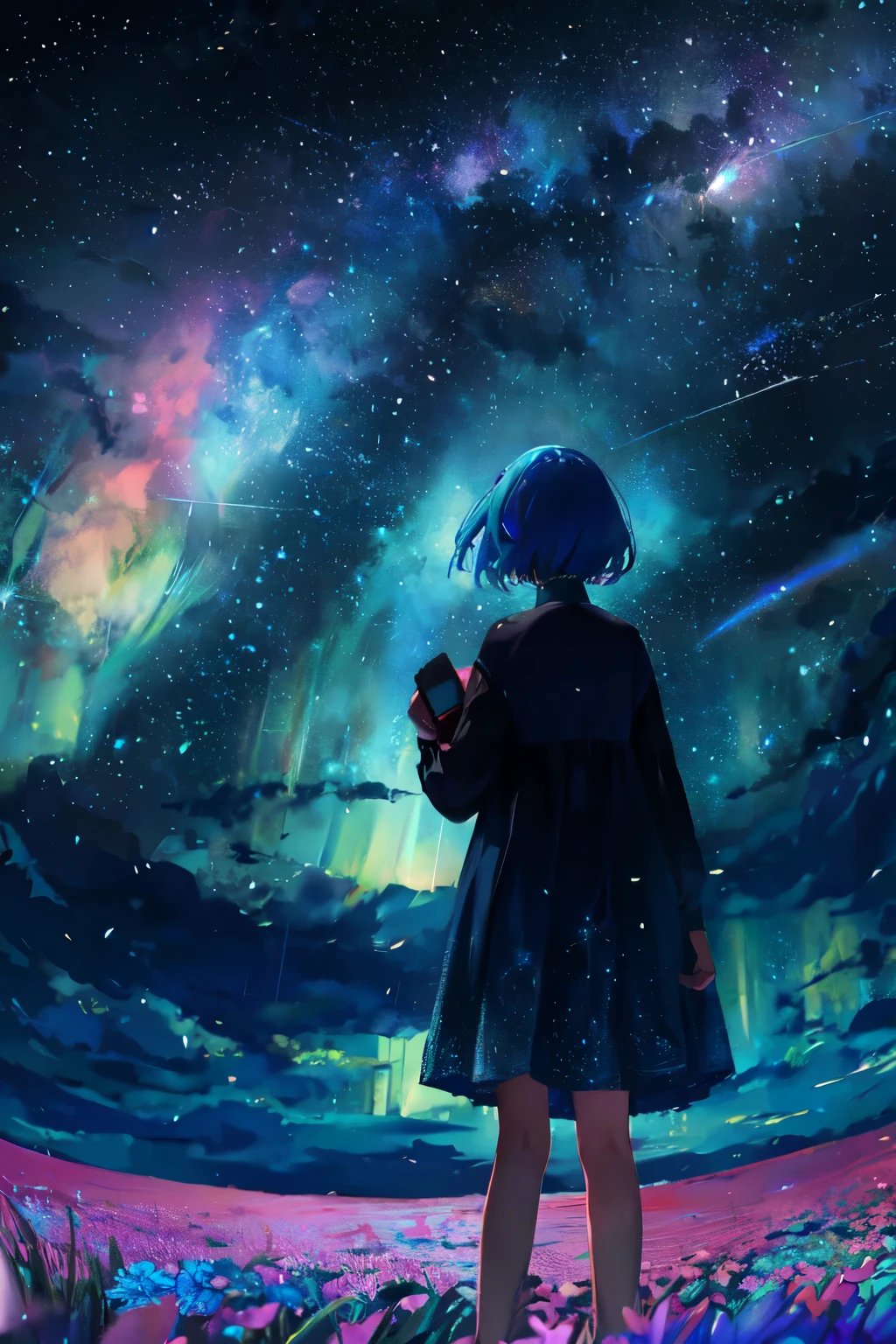 1girl, distant girl, rainbow colored hair, wearing a teal dress armor, staring at the stars, (zoomed out:1.1), (meteor shower:1.2), (comet:1.1), low angle, from behind, aurora borealis, shooting star, surrounded by flowers petals, standing in a field, best quality, masterpiece, cloud, colorful, starry, stars
