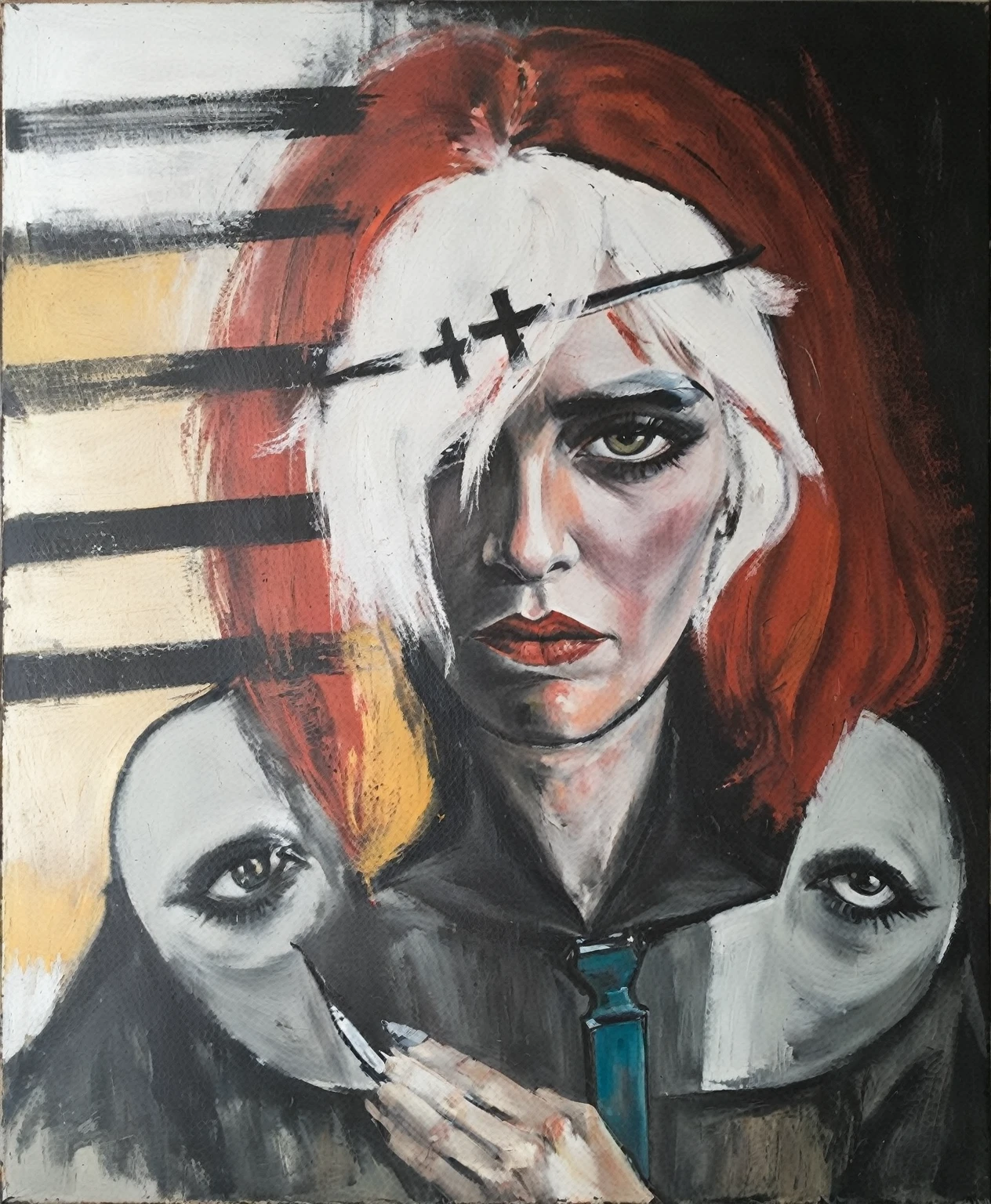 painting of a woman with a knife and a face with a cross on it, acrylic and spraypaint, inspired by Max Beckmann, inspired by Romaine Brooks, inspired by Penny Rimbaud, grungy; oil on canvas, inspired by Charles Blackman, inspired by Georges Rouault, blank stare”, by Géza Udvary