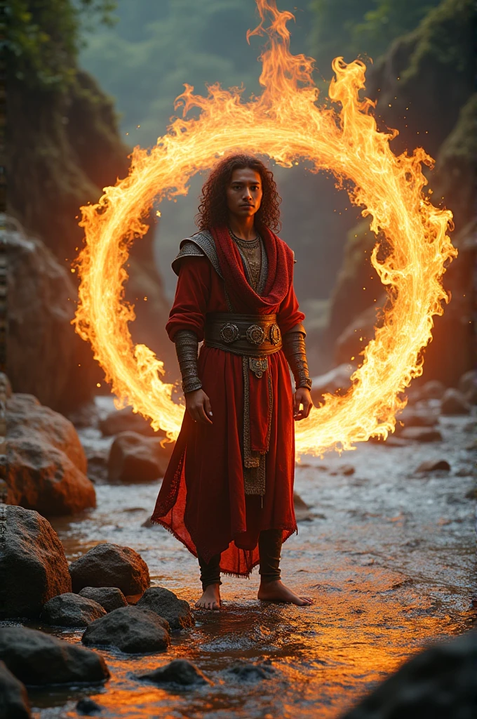 a young Indonesian man, long curly hair,
wearing Javanese knight clothes, using magic moves, with sharp eyes, standing on river rocks, and surrounded by fire floating in circles, the effect of splashing water,
Realistic photos, ultra clear images, real looking, ultra dynamic image quality, HD quality, 8k