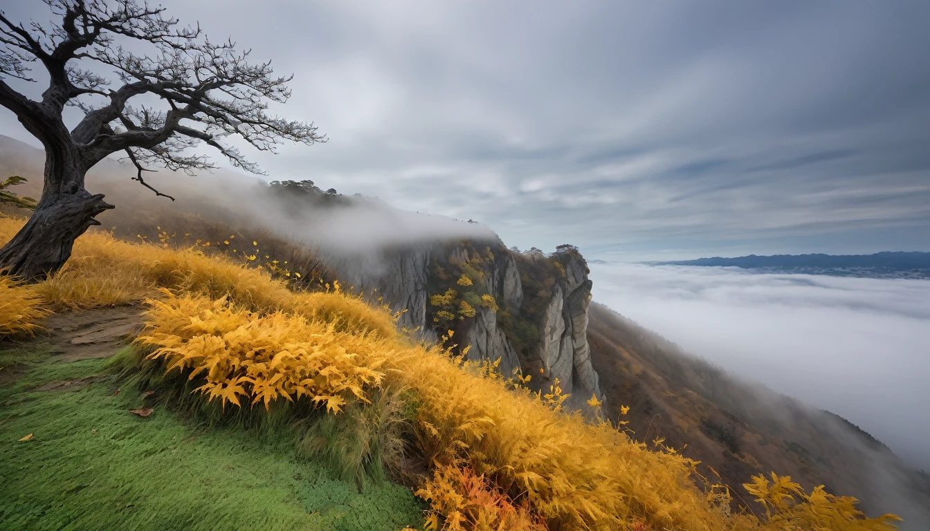 ((masterpiece, Fantasy,300kmの巨木の幹がcliff下から空まで伸びている, A lot of golden leaves in the sky, Cloudy sky on background, cliffの手前にあるhillから巨木を見上げる)),cliff,hill, grassland, fog, A quarter of the screen is a tree trunk