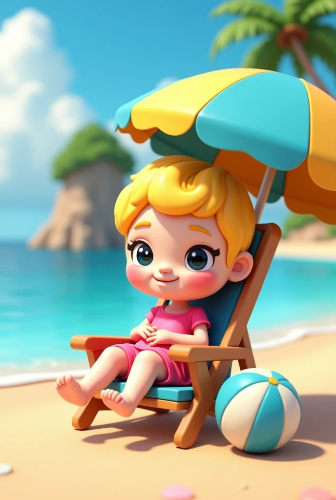 create png 3d cartoon of a blonde in pink clothes sitting on a beach chair under a blue and yellow umbrella with water on the island to the side that looks more like canva