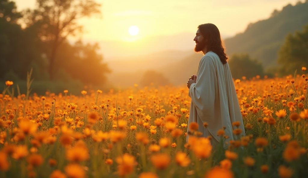 JESUS in the flower field that this image is realistic in ho