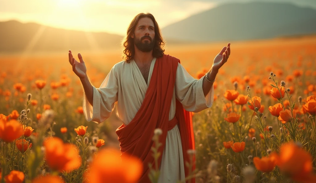 JESUS in the flower field that this image is realistic in ho