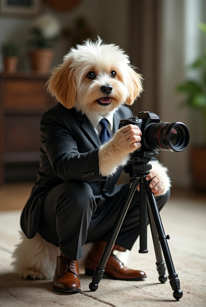 cute dog,Personification,full-body shot,Nice dog,Photographer形象,Wear fine leather shoes,Holding a camera,tripod,Photographer,Photo gesture,Set,Suit,tie, (Delicate face), (Fine hairs),(35mm Cinema Lens),(Multi-angle shooting),(many viewing angles)