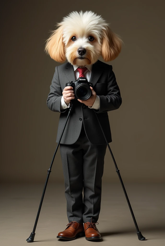 cute dog，Personification，full-body shot，Nice dog，Photographer形象，Wear fine leather shoes，Holding a camera，tripod，Photographer，Photo gesture,Set,Suit，tie, (Delicate face), (Fine hairs)，（35mm Cinema Lens），（Multi-angle shooting），（many viewing angles）