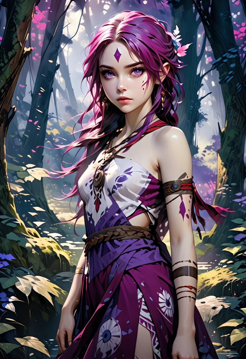 ((ultra realistic illustration:1.2)),(dark fantasy:1.4), In a mystical forest. Beautiful Elven mage. Wild (magenta hair), violet eyes, ((very pale:1.4)), beautifully fit figure, small perky breasts. (tribal war paint), long dress, bare feet .Masterpiece, (highly detailed:1.2),(detailed face and eyes:1.2), 8k wallpaper, natural lighting. core shadows, high contrast, bokeh.