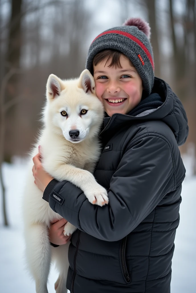 boy carrying siberian wolf cub