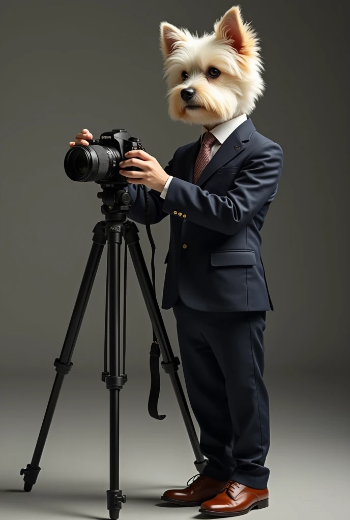 cute dog，Personification，full-body shot，Nice dog，Photographer形象，Wear fine leather shoes，Holding a camera，tripod，Photographer，Photo gesture,Set,Suit，tie, (Delicate face), (Fine hairs)，（35mm Cinema Lens），（Multi-angle shooting），（many viewing angles）