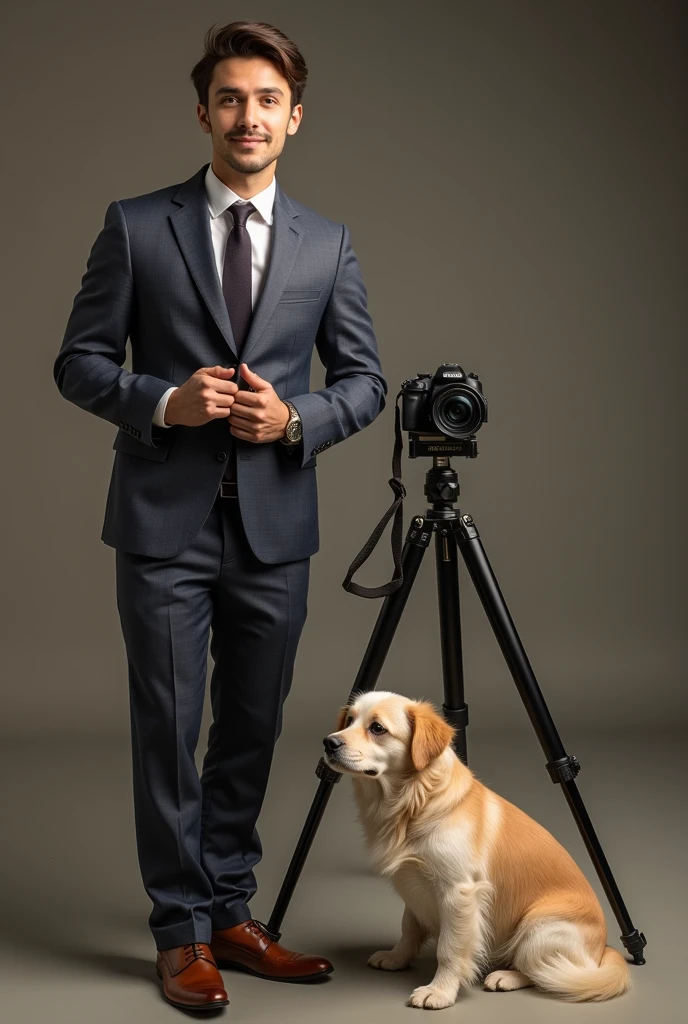 cute dog，Personification，full-body shot，Nice dog，Photographer形象，Wear fine leather shoes，Holding a camera，tripod，Photographer，Photo gesture,Set,Suit，tie, (Delicate face), (Fine hairs)，（35mm Cinema Lens），（Multi-angle shooting），（many viewing angles）