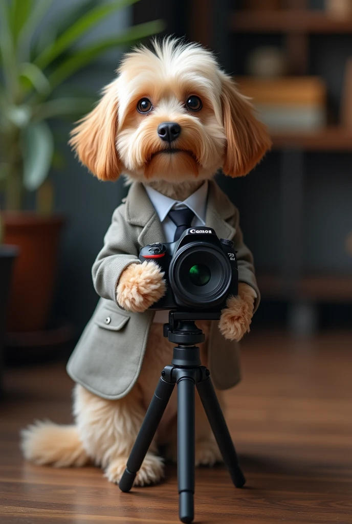 cute dog,Personification,full-body shot,Nice dog,Photographer形象,Wear fine leather shoes,Holding a camera,tripod,Photographer,Photo gesture,Set,Suit,tie, (Delicate face), (Fine hairs),(35mm Cinema Lens),(Multi-angle shooting),(many viewing angles)
