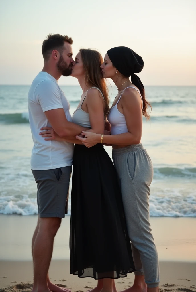 black headscarf, black skirt, white t-shirt, 2 barefoot women, They kiss with 2 men in the crowd on the beach. 