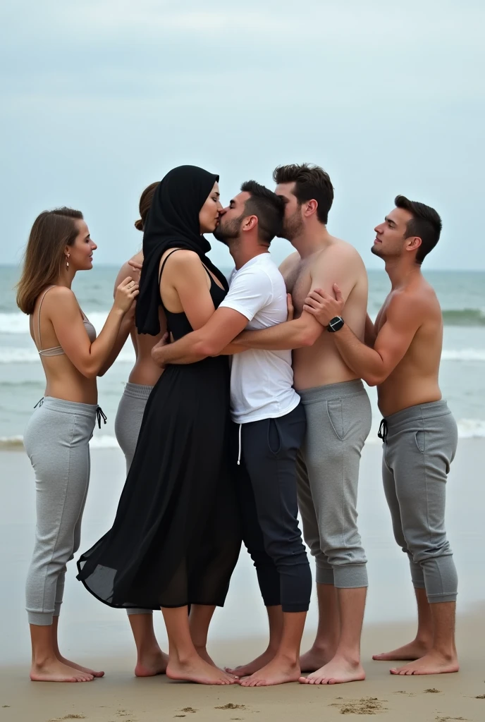 black skirt, with black headscarf, white t-shirt, 2 barefoot women and 2 women in grey sweatpants and 4 men kissing each other on the beach
