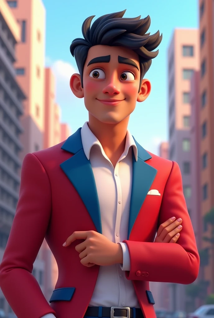 Handsome Indian animated
20years old boy of clean shave triangled face in red blue blazer and whiter shirt medium height and medium body mass bright skin and tall buildings in background
