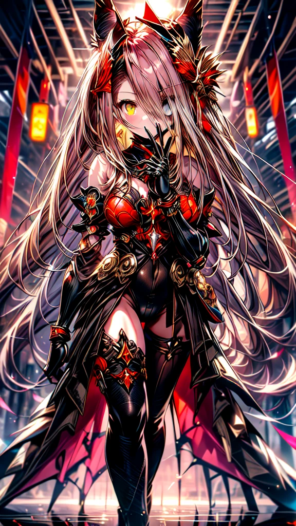 (full body),TYPHON,1girl,yellow eyes,Redee,独奏,very long hair,black dress,blush,elbow gloves,bare shoulders,heterochromia,black sclera,gauntlets,((leotard)),(masterpiece), (Highest quality), High resolution, Intricate details,Pose in front,