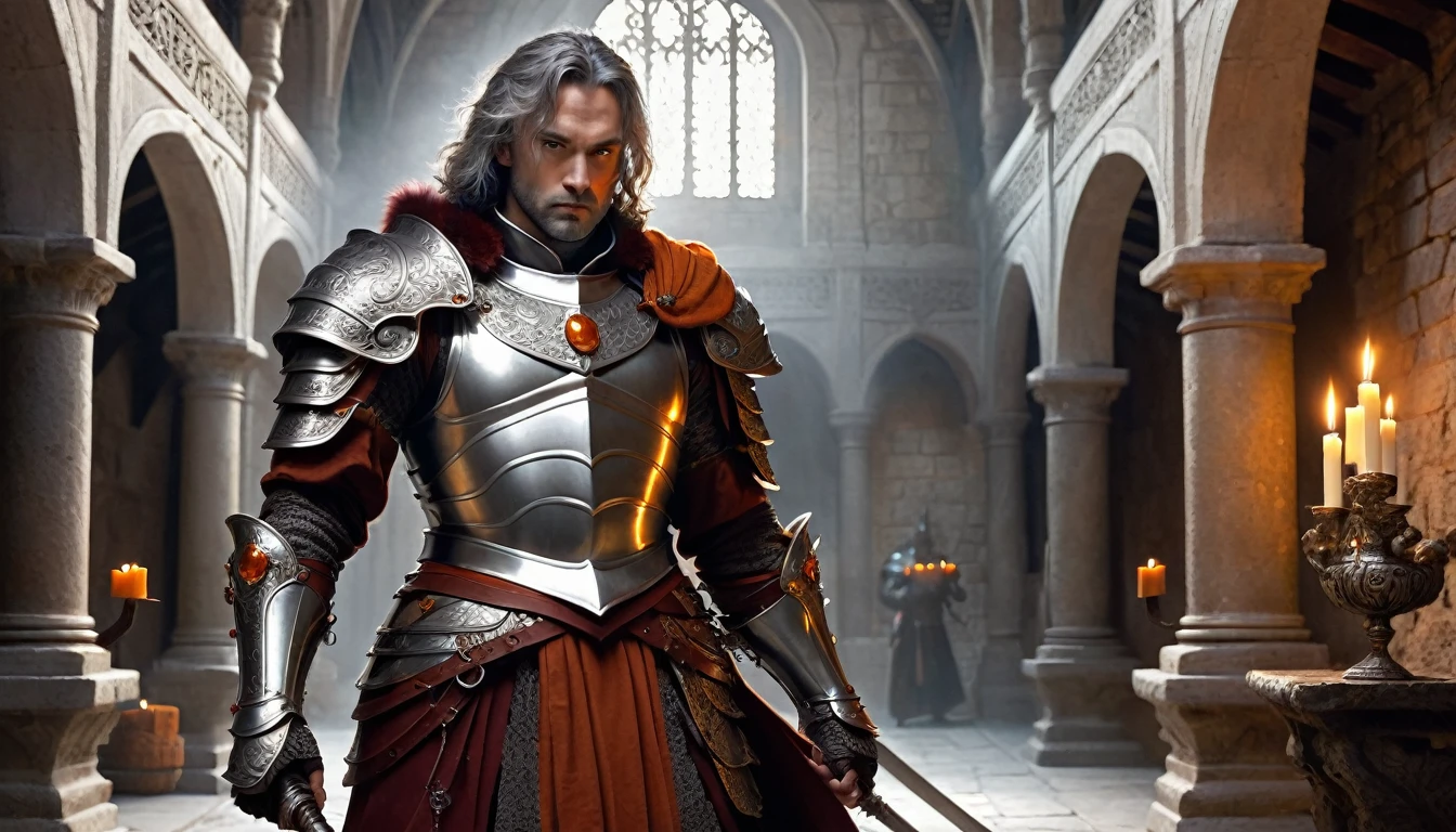((masterpiece, The silver armor is intricately decorated and not intended for combat.,Gorgeous filigree armor, Detailed fantasy armor,Has dark orange fur on shoulders)), Inside a stone building, Stone slabs scattered on the floor, A muscular man in armor walking towards the front, dim, Gray Hair, Candles along the walls light up the room., He holds a large, twisted, dark red rapier in his hand., Wearing a dirty cloak, He wears a dirty dark red loincloth under his armor.,There are three small orange gems on the chest., White metal decoration on shoulder