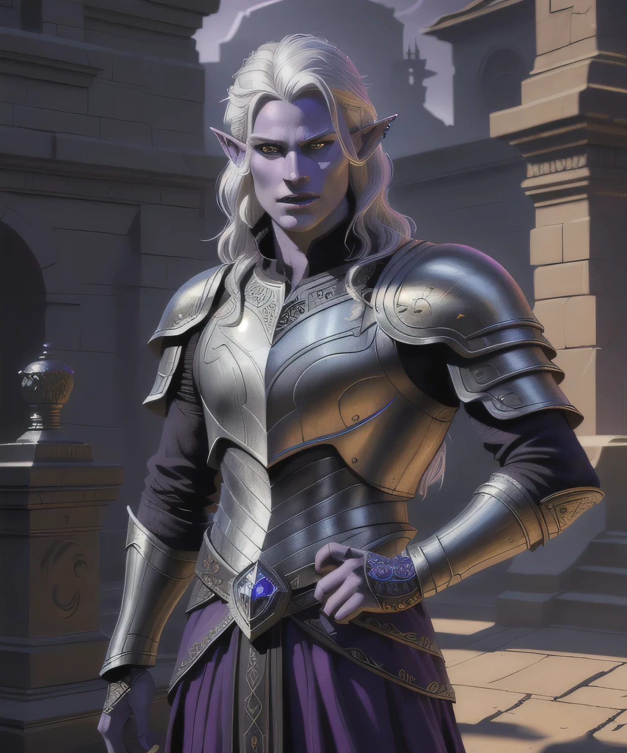 (a handsome male drow elf), (Matthew Robert Smith’s face:1.3),(white hair),(Short curly hair
),(brush cut),(Purple skin),a handsome male drow elf, detailed face, piercing eyes, long hair, intricate armor, epic fantasy, deep purple background, (best quality,4k,8k,highres,masterpiece:1.2),ultra-detailed,(realistic,photorealistic,photo-realistic:1.37),cinematic lighting,dramatic shadows,vibrant colors,chiaroscuro,concept art,digital painting, detailed face, piercing eyes, long hair, intricate armor, epic fantasy, deep purple background, (best quality,4k,8k,highres,masterpiece:1.2),ultra-detailed,(realistic,photorealistic,photo-realistic:1.37),cinematic lighting,dramatic shadows,vibrant colors,chiaroscuro,concept art,digital painting