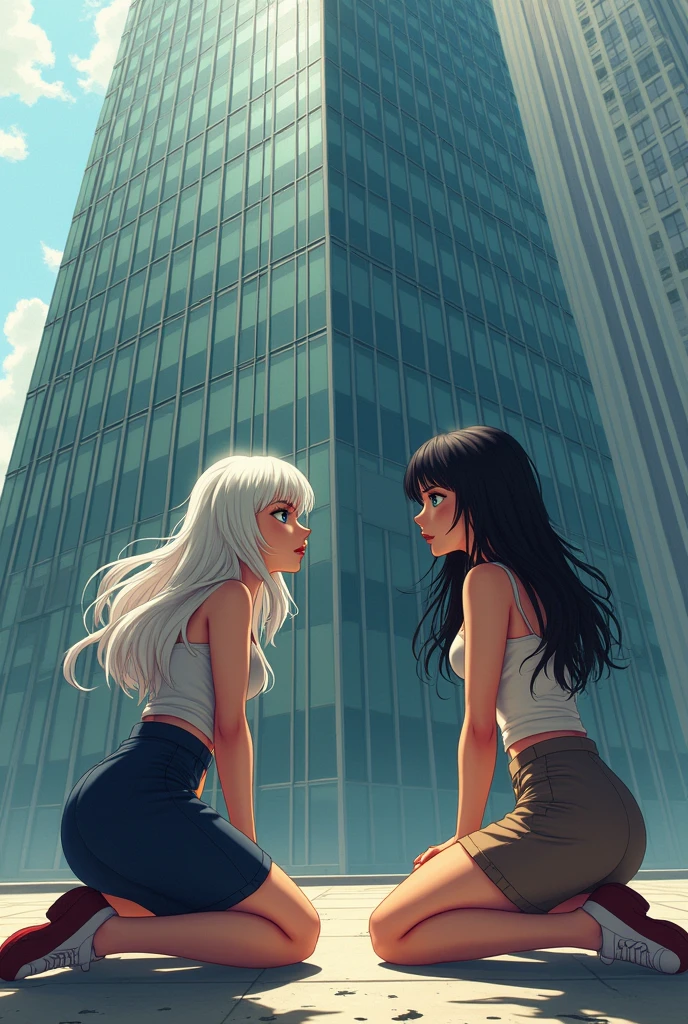 
Checkpoint Two girls kneeling in front of a company, one is white hair, blue eyes and the other is black-haired, Dark green eyes as he throws drinks at them.