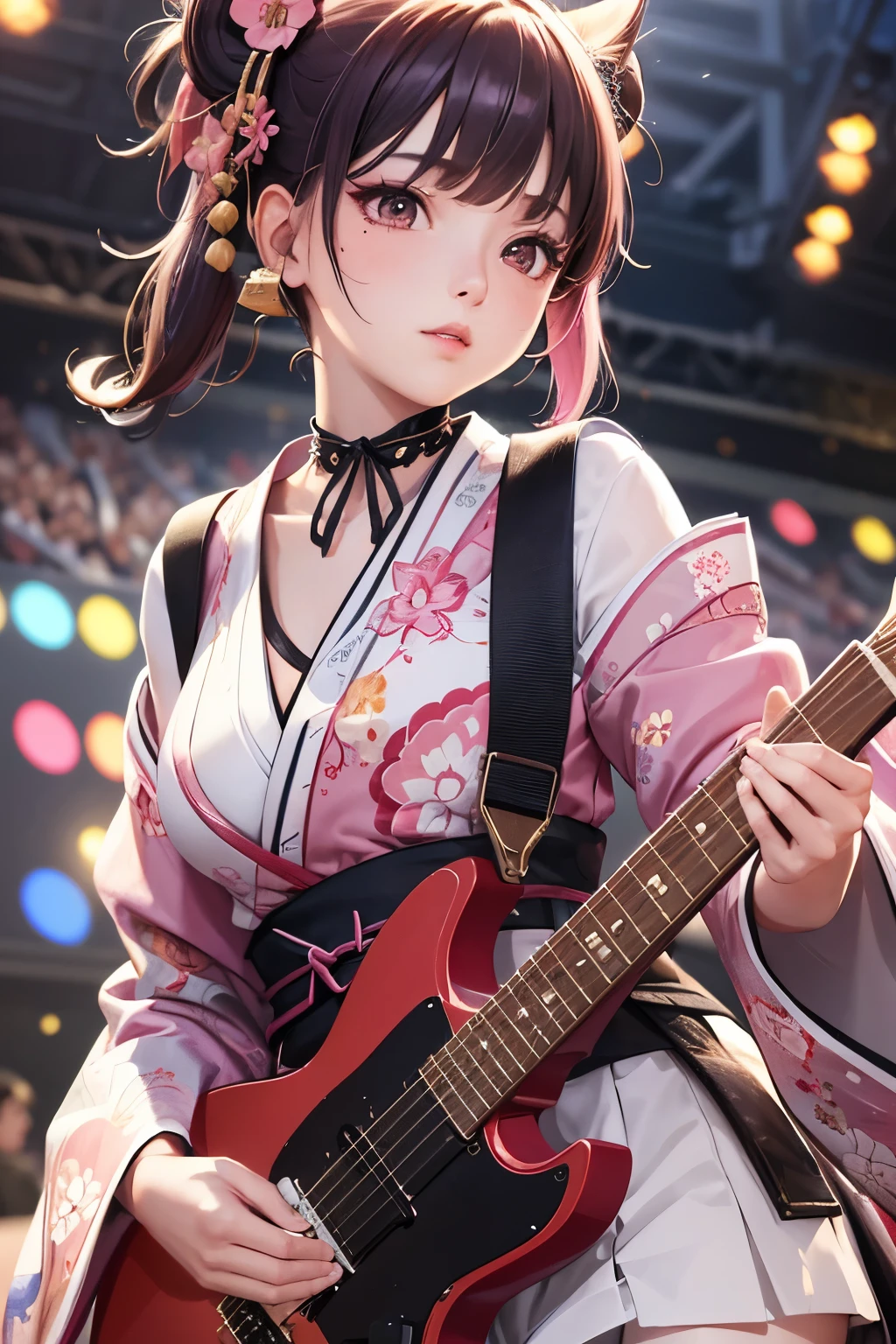 masterpiece, best quality, very detailed, high resolution, expensive resolution, high resolution, 4K, 8k, Unity 8k wallpaper, highly detailed CG, masterpiece, 2D, 3D, beautiful details, depth, fine texture, best quality: 1.3, perfect focus, crispy skin, he,
Very cute anime girl, girl playing guitar vocals in a band wearing a Japanese fancy floral haori hakama, on outdoor stage, full body, expensive pink and black short twin tail hair, mole under eye, looking at the viewer, expensive, blush, mole, lips open, , heart choker, pink eyes, guitar vocals, stage