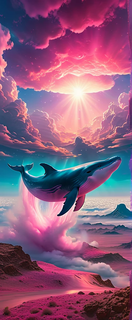pink whale , a pink majestic whale floating above the clouds of the desert sky, (best quality,4k,8k,highres,masterpiece:1.2),ultra-detailed, ethereal, dreamlike, surreal, with a touch of magic, vibrant colors, soft and delicate, blending seamlessly into the clouds, with a serene and tranquil expression, surrounded by a mystical aura, glowing softly, reflecting the sunlight, creating a breathtaking scene.