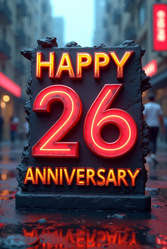 Make a 3D logo type on center saying "happy 26th year anniversary" hiphop theme