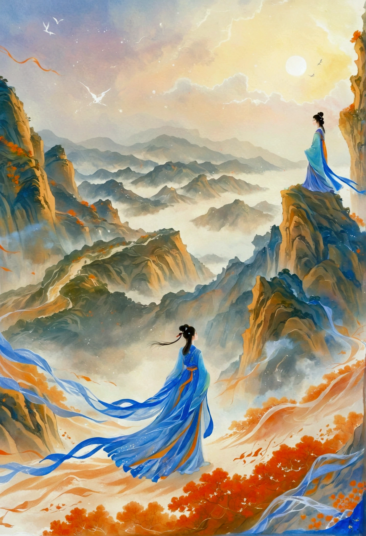 There is a painting,A person standing on a mountain overlooking the sea, A beautiful artistic illustration, Amazing wallpapers, HD Wallpapers, author Choi Buk, 4k hd illustration wallpaper, Beautiful wallpapers, Desktop Wallpapers, author Sim Sa-jeong, author:Yi Yinwen, Beautiful digital illustrations, Fantasy illustrations, Written by Jin Mingguo, Color illustrations