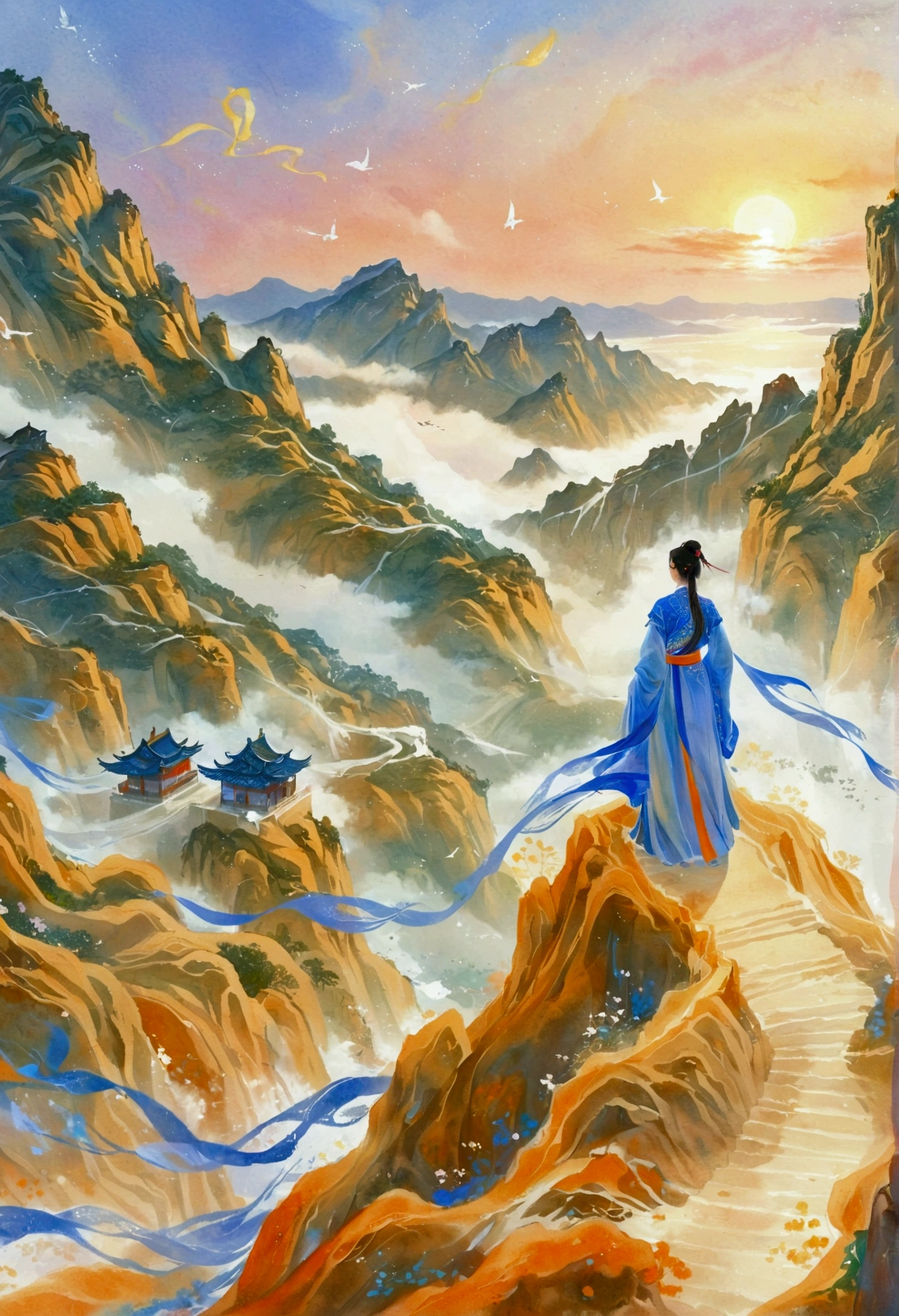 There is a painting，A person standing on a mountain overlooking the sea, A beautiful artistic illustration, Amazing wallpapers, HD Wallpapers, author Choi Buk, 4k hd illustration wallpaper, Beautiful wallpapers, Desktop Wallpapers, author Sim Sa-jeong, author：Yi Yinwen, Beautiful digital illustrations, Fantasy illustrations, Written by Jin Mingguo, Color illustrations