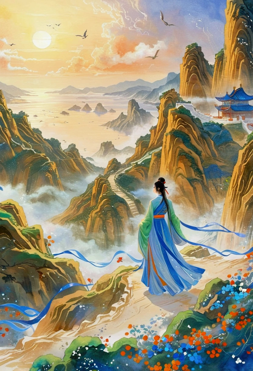 There is a painting，A person standing on a mountain overlooking the sea, A beautiful artistic illustration, Amazing wallpapers, HD Wallpapers, author Choi Buk, 4k hd illustration wallpaper, Beautiful wallpapers, Desktop Wallpapers, author Sim Sa-jeong, author：Yi Yinwen, Beautiful digital illustrations, Fantasy illustrations, Written by Jin Mingguo, Color illustrations