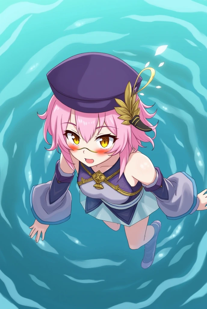 masterpiece, best quality, very aesthetic, absurdres, 1girl, mature_lady,,1girl, dori \(genshin impact\), genshin impact, pink hair, hat, detached sleeves, hair ornament, hair between eyes, jewelry, long sleeves, purple headwear, tinted eyewear, yellow eyes,under sea,floating_clothes,from above