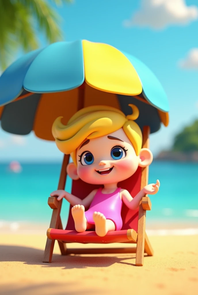 create png 3d cartoon of a blonde in pink clothes sitting on a beach chair under a blue and yellow umbrella with water on the island to the side that looks less realistic than it seems for commercial