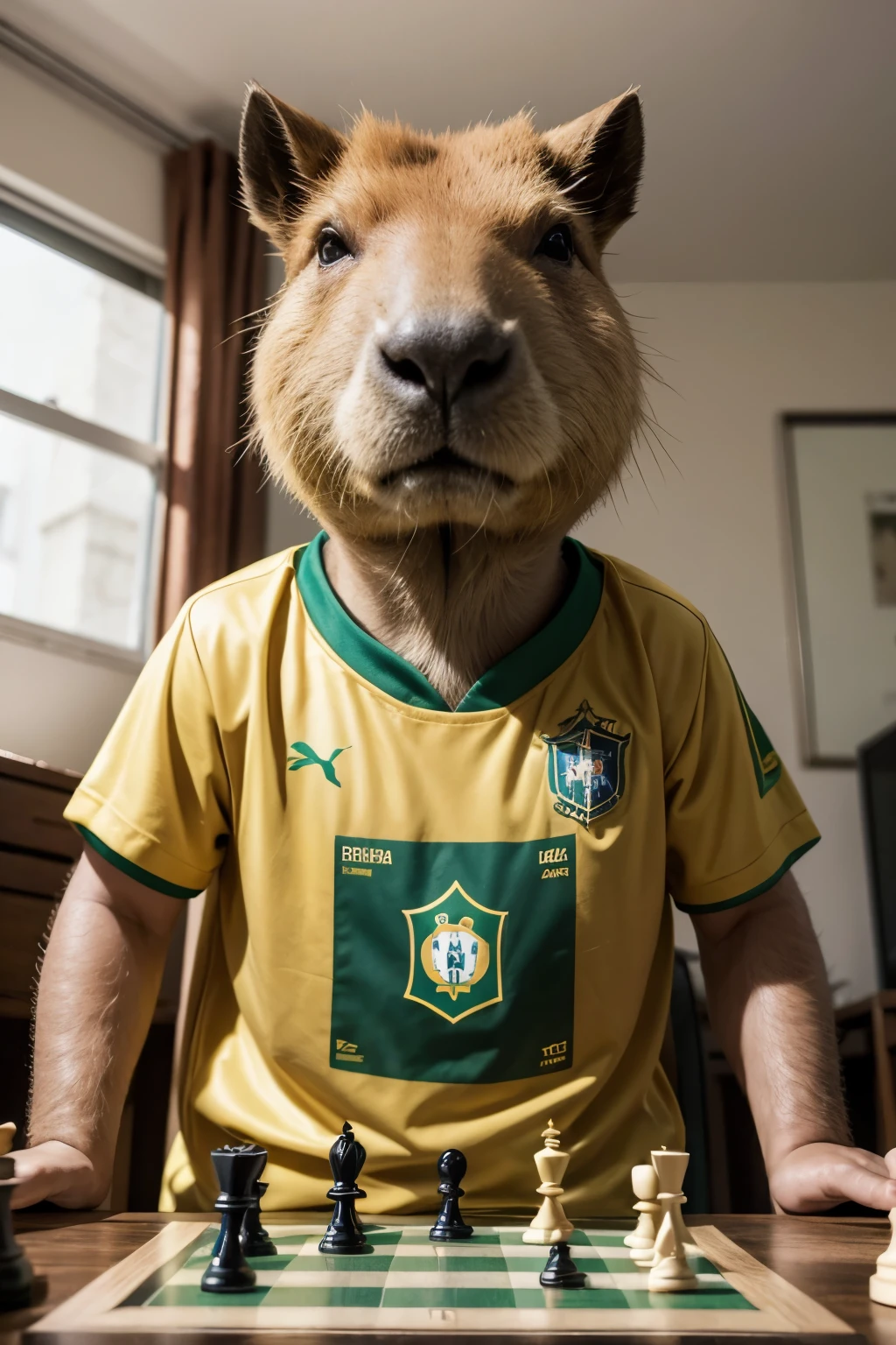 Make a capybara look brave, Dressed in the shirt of the Brazilian national football team, playing chess