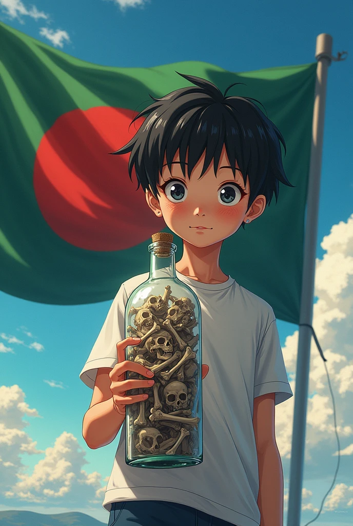 A anime boy have a bottle of red blood filled with skeletons. There is a anime background . The national flag of Bangladesh is flowing behind the bottle.