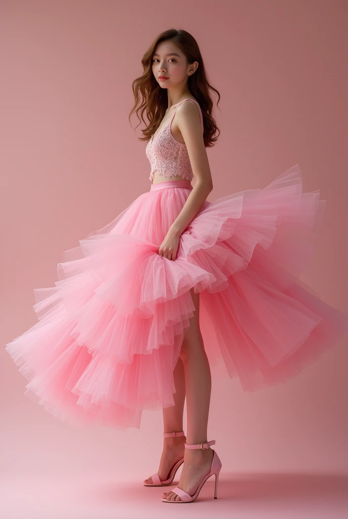 best quality,masterpiece,Ultra-high resolution,(actual:1.4),original photo,Ultra-high resolution,8k,There are women,White skin,Sophisticated makeup,Big Wave,pink skirt:1.5,,High heel,long legs,bright and beautiful,
