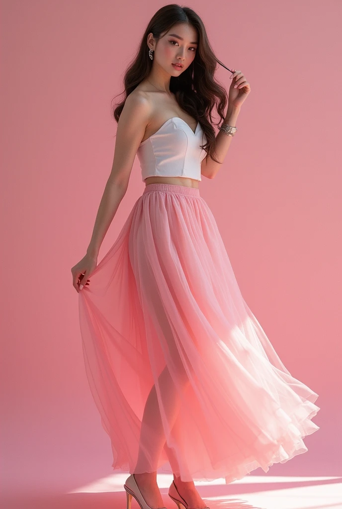 best quality,masterpiece,Ultra-high resolution,(actual:1.4),original photo,Ultra-high resolution,8k,There are women,White skin,Sophisticated makeup,Big Wave,pink skirt:1.5,,High heel,long legs,bright and beautiful,