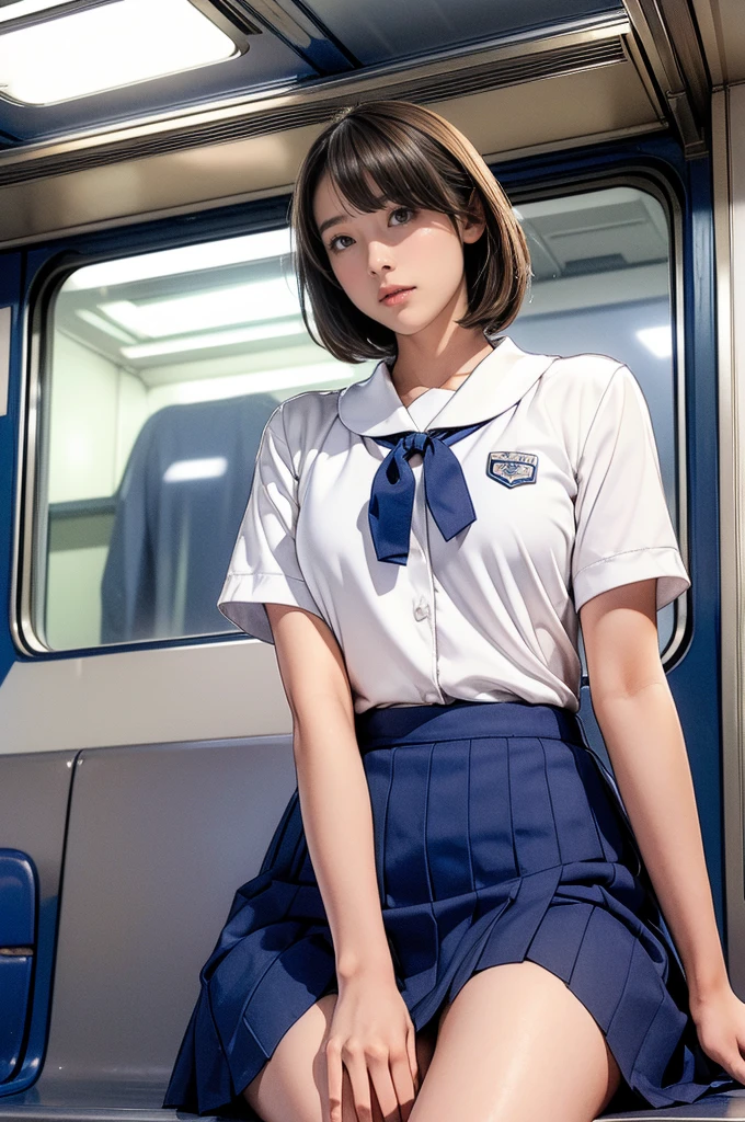 High-resolution images, Atmospheric perspective, 8k, Very detailed, Accurate, Highest quality, 
1 girl, alone, chest, Looking at the audience, (Looking at the audience,:1.5),  
Brown Hair,  Brown eyes, parted lips, smile、underwear, panties, (Japanese School Uniform), 
 (Navy blue mini skirt), (sit in a train seat:1.5), （Spread your legs to the side:1.4)、underwear, panties, parted lips, 
 lips, (Navy Blue Skirt), Full Body Shot,  (((Spread your legs, Arms crossed))), Showing sexy 、(whiteの panties:1.5), Realistic ,
(white, Collared shirt, Ribbon tie),
(Do not expose your upper body:1.5),((Ceiling From below:1.2))、((From below:1.38))、
(Turn your body towards the viewer:1.5) , (From below, look up:1.5), (( Japanese girl, Short Bob))