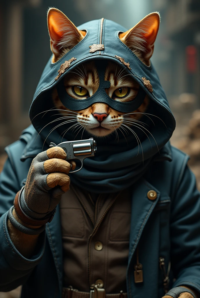 Create a highly realistic image of a cat depicted as a 'dakat' (robber). The cat should be wearing a meticulously detailed, worn robber mask that closely resembles those used by actual robbers. The mask should be dark, with rough, weathered edges and cutouts for the eyes and ears. The cat's expression should be fierce, determined, and slightly intimidating. In one paw, the cat should hold a small, realistic weapon, such as a tiny dagger or a classic revolver, to emphasize its robber persona. The setting should be a dimly lit, rustic environment, like an old, abandoned warehouse or a dark alley, with shadows and subtle details like scattered coins, bags of loot, or a broken lock. The atmosphere should be gritty and tense, capturing the essence of a cunning and dangerous outlaw while still retaining the surreal and playful nature of a cat in this role.