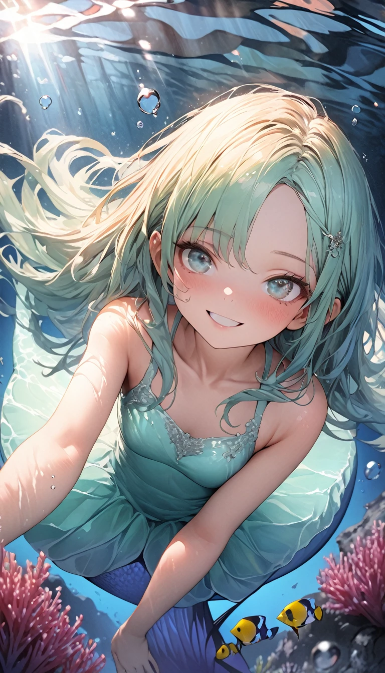 (masterpiece:1.3), (Highest quality:1.2), (shape:1.2), (Very detailed:1.2), (Pixiv:1.4), Ultra-high resolution, watercolor, A girl with dull mimosa-colored bangs and eyes, (masterpiece:1.3), (Highest quality:1.2), (shape:1.2), (Very detailed:1.2), (Pixiv:1.4), Ultra-high resolution, watercolor,View your audience ,Focus Eye,The Shining, Many rays, (Transparent lake:1.3), Emerald Lake, , Swimming underwater, (tropical fish:1.3) Pastel Tones, Flat Tone, Upward glance, Tilt your head, whole body, Twinkle smile, One Girl, alone, , Beautiful face and eyes in every detail, Mermaid,, Hair fluttering, (well-proportioned body:1.2), (Dynamic Angle:1.3) (Beautiful Hair:1.2), (masterpiece:1.2) , (Highest quality:1.2) , (Very detailed:1.2), There are 1000 tiny bubbles around it, Bubbles in the light,, (Realistic skin texture:1.3), rtrophto1