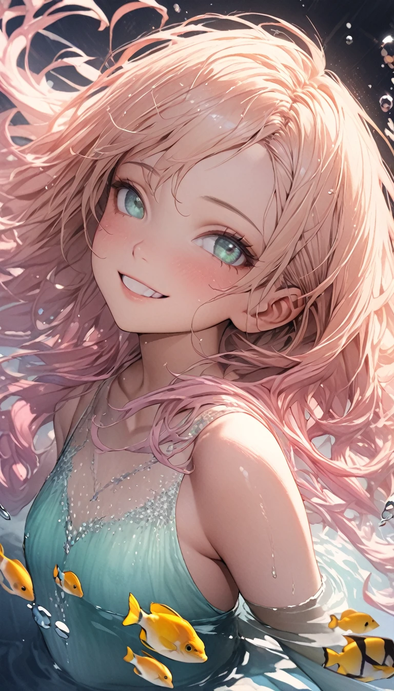 (masterpiece:1.3), (Highest quality:1.2), (shape:1.2), (Very detailed:1.2), (Pixiv:1.4), Ultra-high resolution, watercolor, A girl with dull mimosa-colored bangs and eyes, (masterpiece:1.3), (Highest quality:1.2), (shape:1.2), (Very detailed:1.2), (Pixiv:1.4), Ultra-high resolution, watercolor,View your audience ,Focus Eye,The Shining, Many rays, (Transparent lake:1.3), Emerald Lake, , Swimming underwater, (tropical fish:1.3) Pastel Tones, Flat Tone, Upward glance, Tilt your head, whole body, Twinkle smile, One Girl, alone, 15 years old, Beautiful face and eyes in every detail, Mermaid,, Hair fluttering, (well-proportioned body:1.2), (Dynamic Angle:1.3) (Beautiful Hair:1.2), (masterpiece:1.2) , (Highest quality:1.2) , (Very detailed:1.2), There are 1000 tiny bubbles around it, Bubbles in the light,, (Realistic skin texture:1.3), rtrophto1