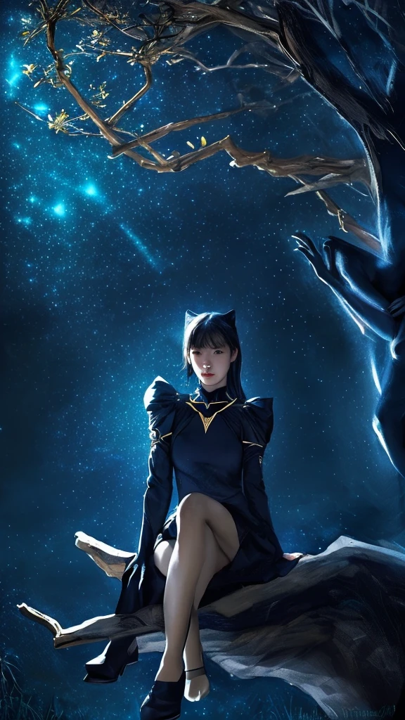 Korean girl, beautiful, full body gold and blue art, reflecting sunlight, 3D cinematic quality, Super realistic HD ultra movie 16k clarity, realistic, full body, reflecting sunlight, living on a tree branch, powerful and scary. He sits on a large black panther with silent elegance, creating a gentle contrast against the dark backdrop. The scene is set against a magical night sky full of twinkling stars. Highlights: The love of a panther, combining power with a charmingly mysterious softness.