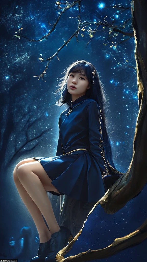 Korean girl, beautiful, full body gold and blue art, reflecting sunlight, 3D cinematic quality, Super realistic HD ultra movie 16k clarity, realistic, full body, reflecting sunlight, living on a tree branch, powerful and scary. He sits on a large black panther with silent elegance, creating a gentle contrast against the dark backdrop. The scene is set against a magical night sky full of twinkling stars. Highlights: The love of a panther, combining power with a charmingly mysterious softness.