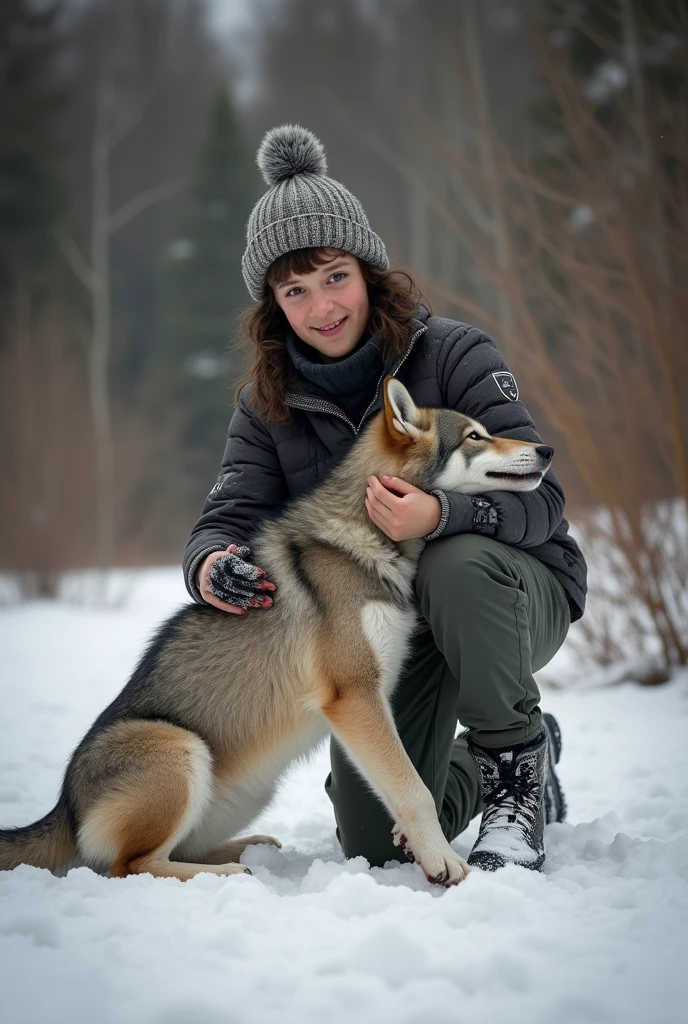 22 year old boy playing with Siberian wolf cub in the park