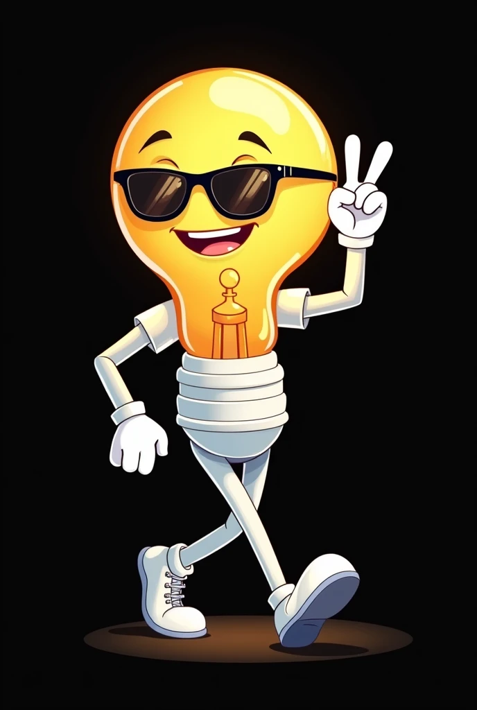 (cartoon:1.1), light bulb; walking with style; wearing sunglasses; with white arms and legs; on his hands he has white gloves; makes the looser sign with one hand; is smiling; in the background there is a flat black color; in png format