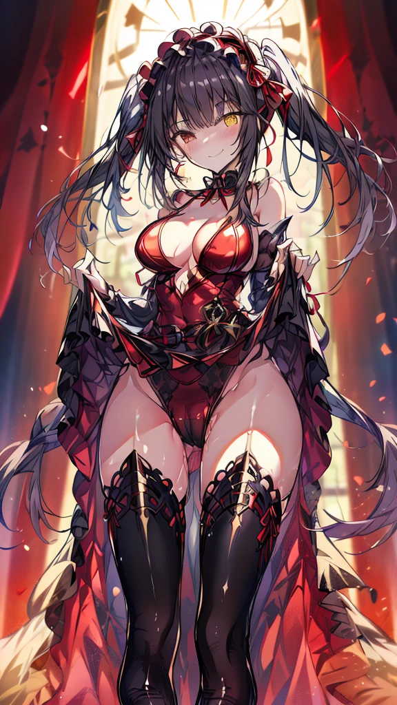 masterpiece, Highest quality, High resolution, One girl, sweeper, Long Hair, Twin tails, hair band, Heterochromia iridis, Medium chest, Cleavage, Black choker, Red ribbon, Exposing shoulders, Gothic, Red dress,((Red leotard)), Red Bow, Removable sleeves, Red Skirt, Have a weapon, gun, Outdoor, smile, (She lifts her skirt to reveal her wet pussy) (seductive smile)